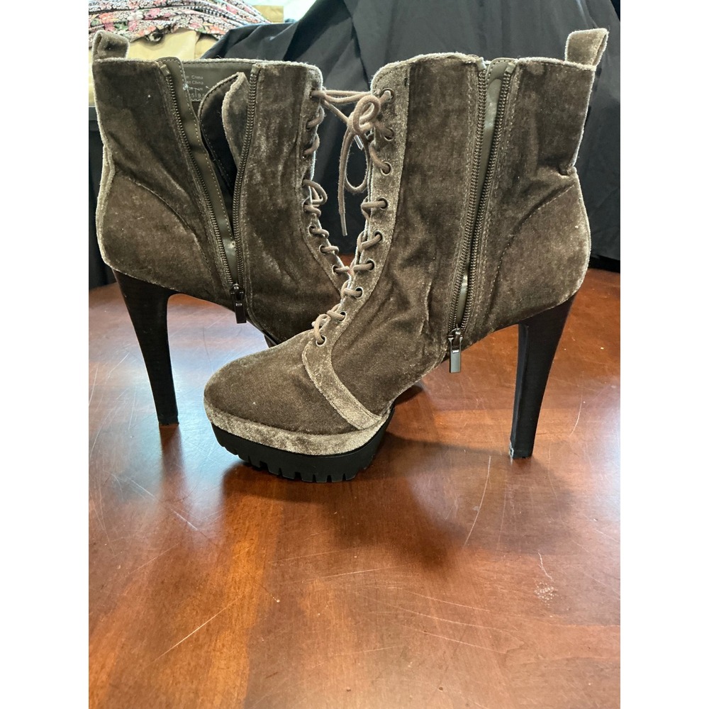 ALDO Aliria Velvet Boots Sz 11 Brown Lace Up Platform Stiletto Lug Sole Side Zip - Picture 10 of 10